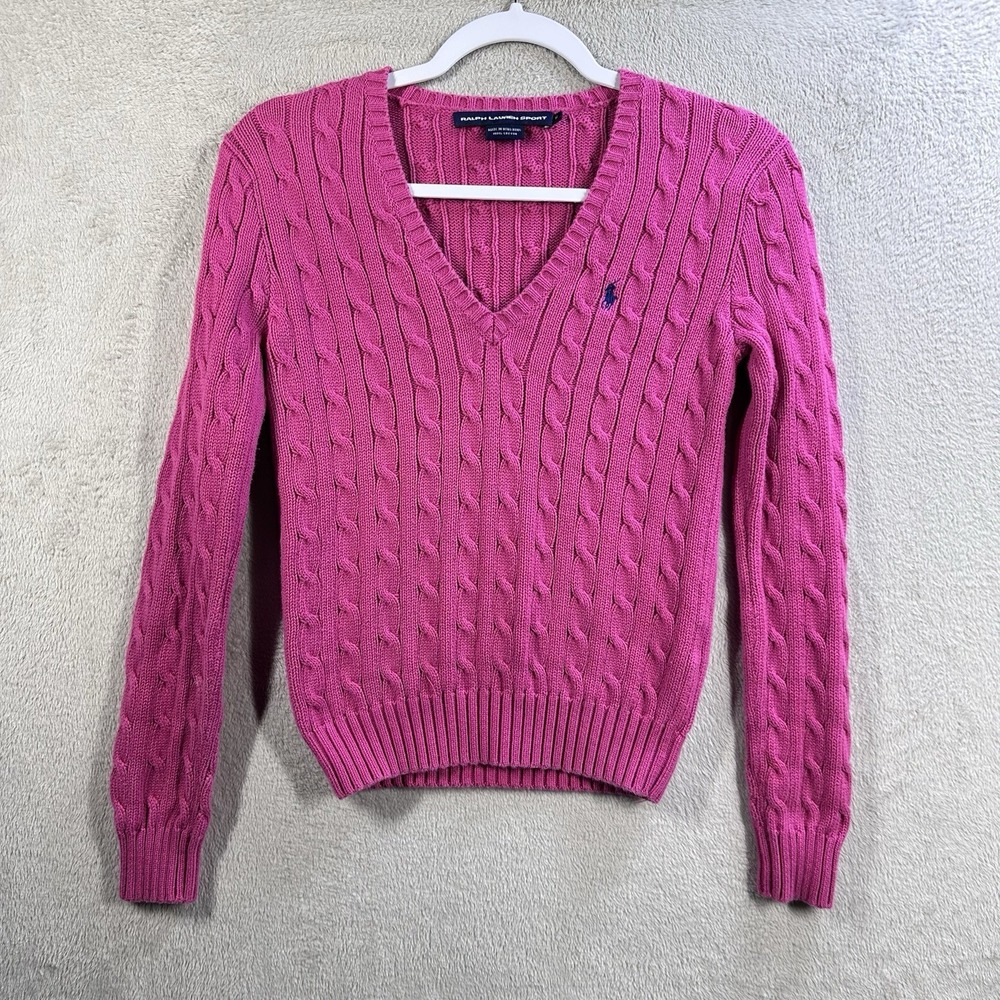 Ralph Lauren Sport Women's Pink 100% Cotton Cable knit V-Neck Sweater Sz M Vtg